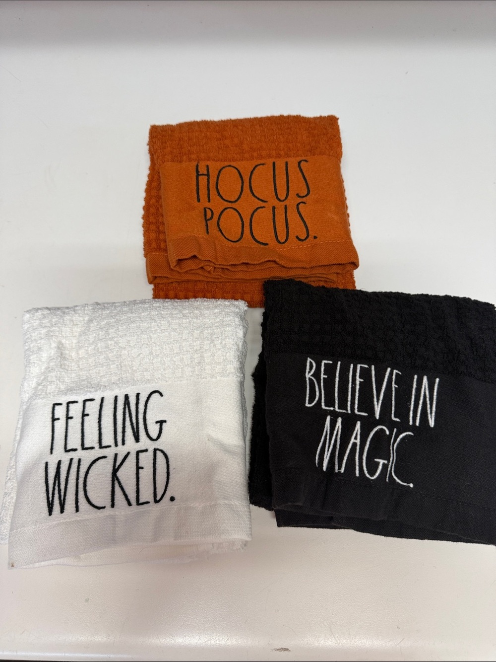 Rae Dunn Halloween Dish Towels Set - set of 3 - Orange, White & Black